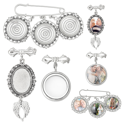 7шт. латунные броши, с подвеской из сплава и стеклянными кабошонами, плоско-круглые