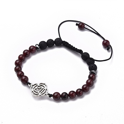 Chakra Jewelry, Adjustable Nylon Thread Braided Bead Bracelets Sets, with Natural Gemstone & Synthetic Lava Rock Beads, Non-Magnetic Synthetic Hematite Beads and Alloy Links