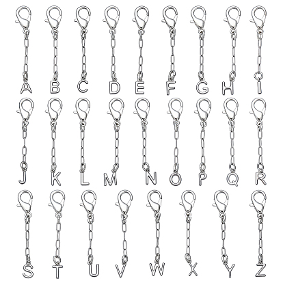 26 pcs 304 décorations de pendentif en acier inoxydable, lettre, avec alliage homard fermoirs pince