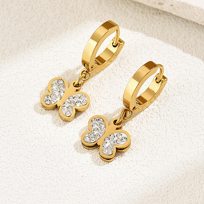 Элегантные 201 серьги-кольца из нержавеющей стали в форме бабочек, со стразами