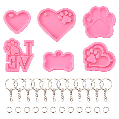 Наборы для изготовления застежки для ключей своими руками, с силиконовыми формами для подвесок своими руками, собачьи отпечатки лап брелок силиконовые формы, железа отделились брелоки, открытые кольца прыжок, сердце с лапой брелок силиконовые формочки