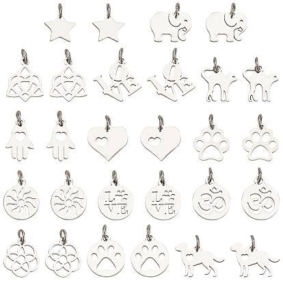 28Pcs 14 Style 304 Stainless Steel & 201 Stainless Steel Pendants, Flat Round & Dog Paw Prints & Hamsa Hand & Flower & Heart & Word & Star & Elephant & Cat
