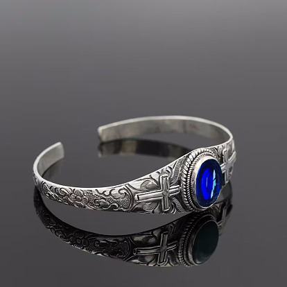 Adjustable C-shaped bracelet with cross pattern and blue stone - Unisex, Engraved Design.