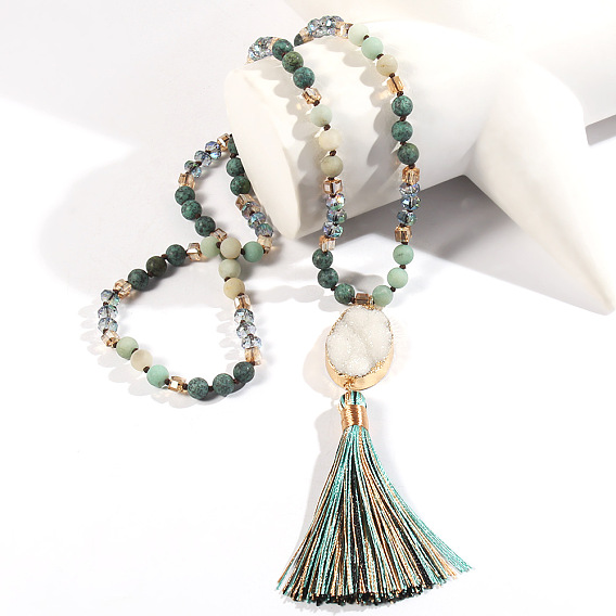 Ожерелья с подвеской-кисточкой из натурального богемского овального агата друзы, Длинные ожерелья из круглых бусин из натурального камня для женщин