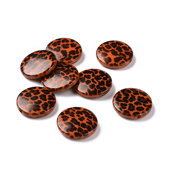 Perles acryliques opaques imprimés, plat rond avec motif imprimé léopard