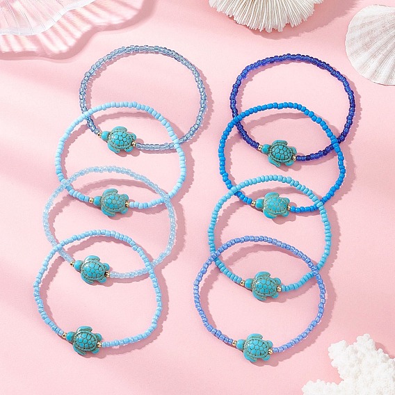 8 Набор эластичных браслетов из стеклянного бисера и синтетического бирюзового бисера в форме черепахи для женщин
