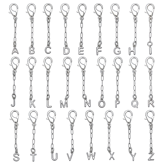 26Pcs 304 Stainless Steel Pendant Decorations, Letter, with Alloy Lobster Claw Clasps