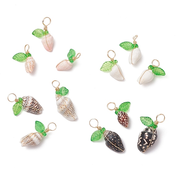 12Pcs 4 Styles Natural Sea Shell Copper Wire Wrapped Pendants, with Lime Green Acrylic Leaf, Golden