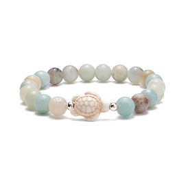 Natural Flower Amazonite & Synthetic Turquoise(Dyed) Tortoise Beaded Stretch Bracelet, Gemstone Beach Jewelry for Women