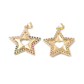 Rack Plating Brass Pendants, with Colorful Cubic Zirconia, Star with Heart Charm, Cadmium Free & Lead Free, Long-Lasting Plated