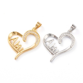 Brass Micro Pave Clear Cubic Zirconia Pendants, Long-Lasting Plated, for Father's Day, Heart with Word Abu