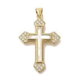 Brass Micro Pave Cubic Zirconia Pendants, with Shell, Cross Charms, with Jump Ring