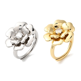 Rack Plating Flower Brass Micro Pave Clear Cubic Zirconia Adjustable Rings, Long-Lasting Plated, Lead Free & Cadmium Free