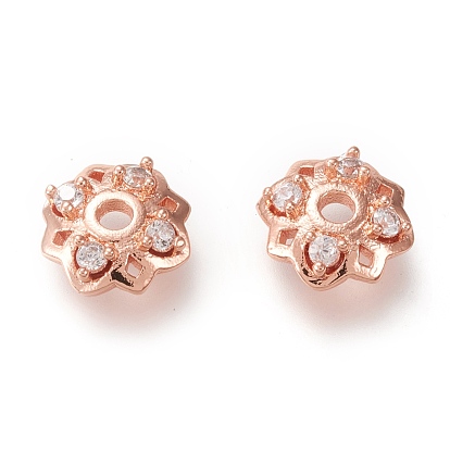 4-Petal Brass Bead Caps, with Clear Cubic Zirconia, Long-Lasting Plated, Flower