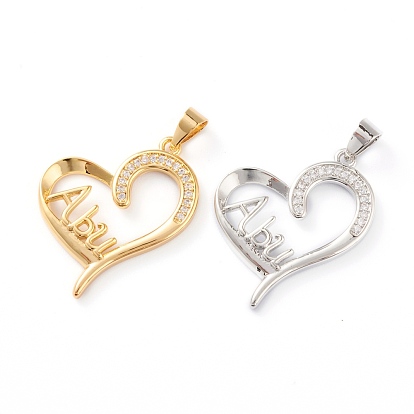 Brass Micro Pave Clear Cubic Zirconia Pendants, Long-Lasting Plated, for Father's Day, Heart with Word Abu