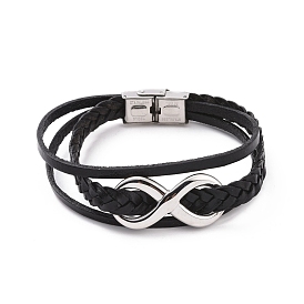Leather Cord Braided Triple-strand Bracelet, 201 Stainless Steel Infinity Beaded Punk Wristband for Men Women