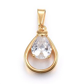 304 Stainless Steel Pendants, with Cubic Zirconia, Drop, Clear