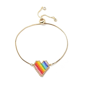 Rainbow Color Japanese Seed Braided Heart Link Slider Bracelet, Cubic Zirconia Tiny Charms Adjustable Bracelet with Brass Box Chains for Women