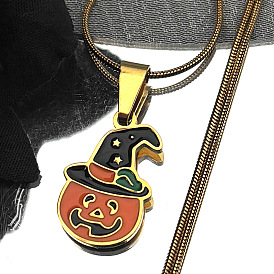 201 Stainless Steel Enamel Halloween Pumpkin Pendant Necklaces, Golden