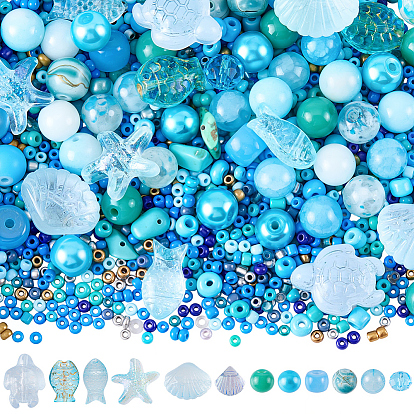 Ocean Theme 24Pcs 6 Styles Transparent Glass Beads, with 80g Glass Beads, Mixed Shapes