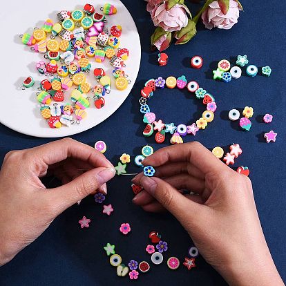200 pcs 4 styles perles d'argile polymère faites à la main, fruit & étoile & plat rond avec mauvais œil & fleur