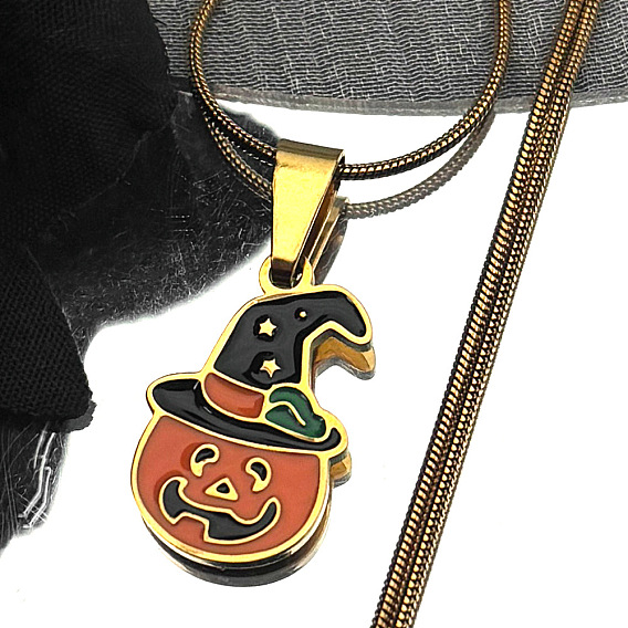 201 Colliers pendentifs citrouille d'Halloween en acier inoxydable émaillé, or