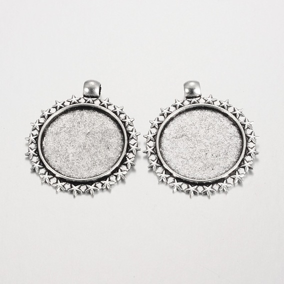 Star Pattern Flat Round Tibetan Style Alloy Pendant Cabochon Settings, Cadmium Free & Lead Free, Tray: 25mm, 40x35x2mm, Hole: 4mm, about 185pcs/1000g