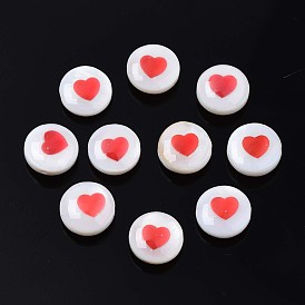 Natural Freshwater Shell Beads, with Enamel, Flat Round with Heart