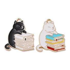 Alloy Enamel Pendants, Light Gold, Cat with Book Charm