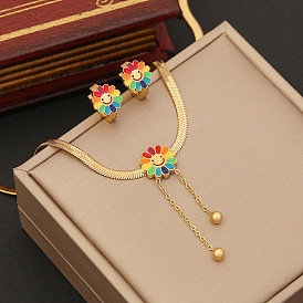 Colorful Sunflower Pendant Snake Bone Stainless Steel Necklace N1062