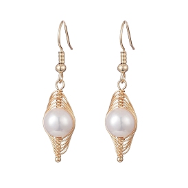 Natural Pearl Dangle Earrings, Golden Copper Wire Wrap Jewelry for Women