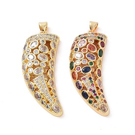 Brass Micro Pave Cubic Zirconia Pendants, Real 18K Gold Plated, Horn/Tusk Charm