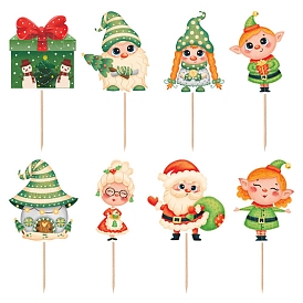 8Pcs Christmas Cupcake Toppers, Small Insert Card, with Wooden Stick, for Christmas Party Decorations