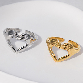Titanium Steel Heart Hands Open Cuff Ring for Women