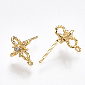 Brass Stud Earring Findings, with Loop & Cubic Zirconia, Cross, Nickel Free