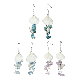 3Pair 3 Style Natural & Synthetic Mixed Gemstone & Shell Dangle Earrings