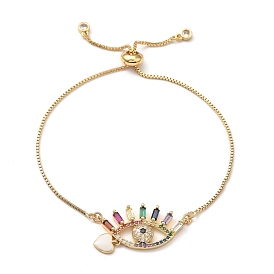 Adjustable Brass Micro Pave Cubic Zirconia Slider Bracelets, Bolo Bracelets, with Enamel and Cardboard Box, Eye with Heart, Colorful