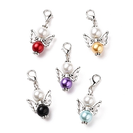 5Pcs 5 Colors Glass Pearl Angel Pendant Decoration, with Alloy Spacer Beads, Zinc Alloy Lobster Claw Clasps and Iron Flat Head Pins, Cadmium Free & Nickel Free & Lead Free