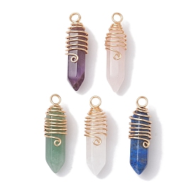 Natural Mxied Gemstone Copper Wire Wrapped Pendants, Pointed Faceted Bullet Charms