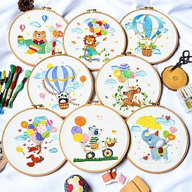 Cartoon Animal Pattern Embroidery Beginner Kits, including Embroidery Fabric & Thread, Needle, Instruction, Lion/Fox/Elephant