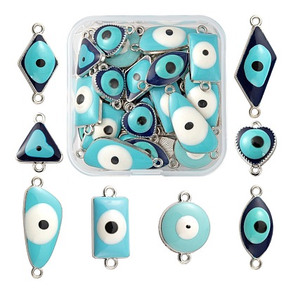 32Pcs 8 Style Platinum Alloy Enamel Links Connectors, Heart & Triangle & Rhombus & Quadrangle & Rectangle & Flat Round with Evil Eye