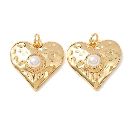 Brass with ABS Plastic Imitation Pearl Pendants, Hammered Heart Charms, Rack Plating, Long-Lasting Plated, Lead Free & Cadmium Free