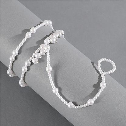 2Pcs 2 Style Plastic Pearl Beaded Stretch Anklets Set, Toe Rings Anklets, Sandal Foot Anklets