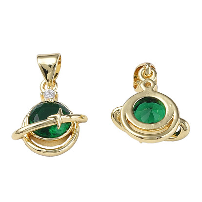 Brass Micro Pave Cubic Zirconia Pendants, with Brass Snap on Bails, Nickel Free, Real 18K Gold Plated, Flat Round with Star
