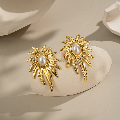 Серьги-гвоздики из нержавеющей стали в форме листа, с имитацией жемчуга