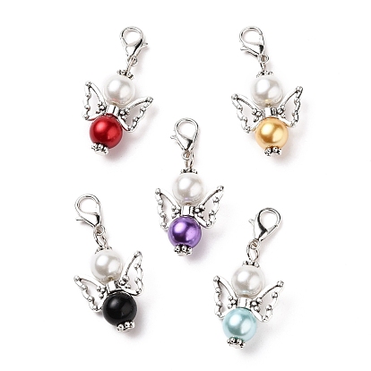 5Pcs 5 Colors Glass Pearl Angel Pendant Decoration, with Alloy Spacer Beads, Zinc Alloy Lobster Claw Clasps and Iron Flat Head Pins, Cadmium Free & Nickel Free & Lead Free