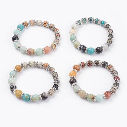 Natural Gemstone Bead Stretch Bracelets, with Brass Findings and Rhinestone Findings, Round