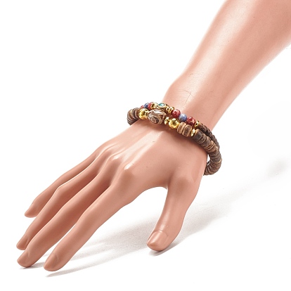 2Pcs 2 Style Mala Bead Bracelets Set, Natural Coconut & Gemstone Stretch Bracelets Set with Tibetan Style DZi Beads for Women