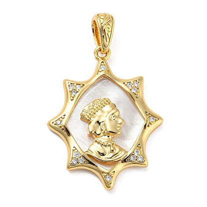 Rack Plating Brass Cubic Zirconia Pendants, with Shell, Cadmium Free & Lead Free, Woman