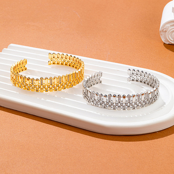 Brass Micro Pave Clear Cubic Zirconia Geometric Cuff Bangles for Women